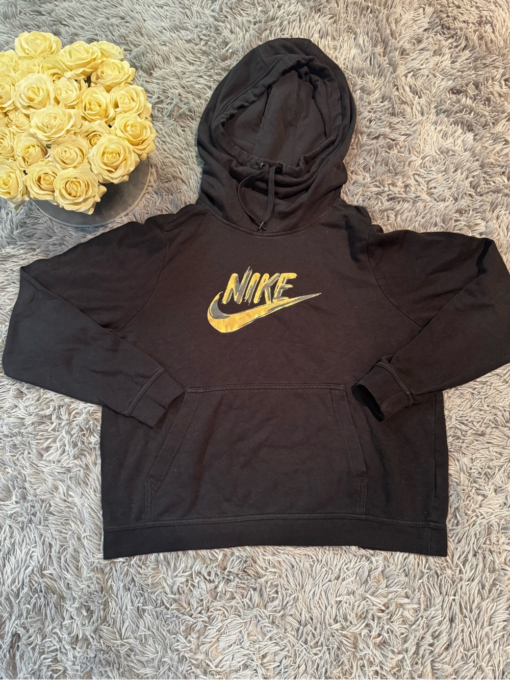 Nike Black Hoodie with Metallic Gold Swoosh and Logo